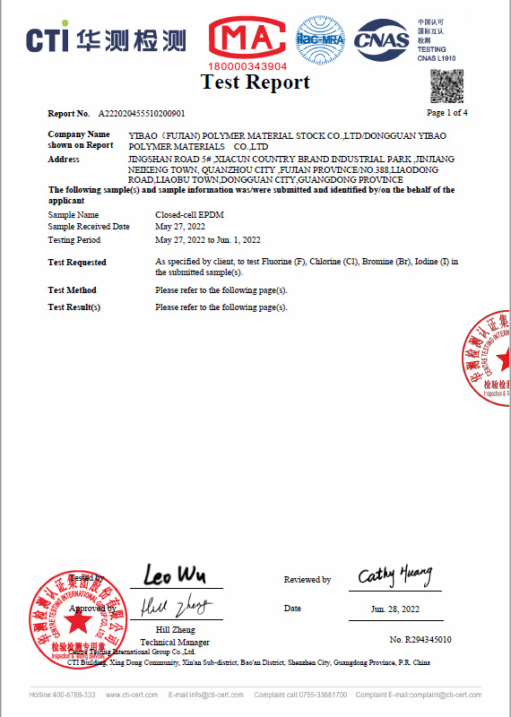 EPDM & EVA Blend Foam Sponge Foam Sponge CTI Halogen-Free Test Report