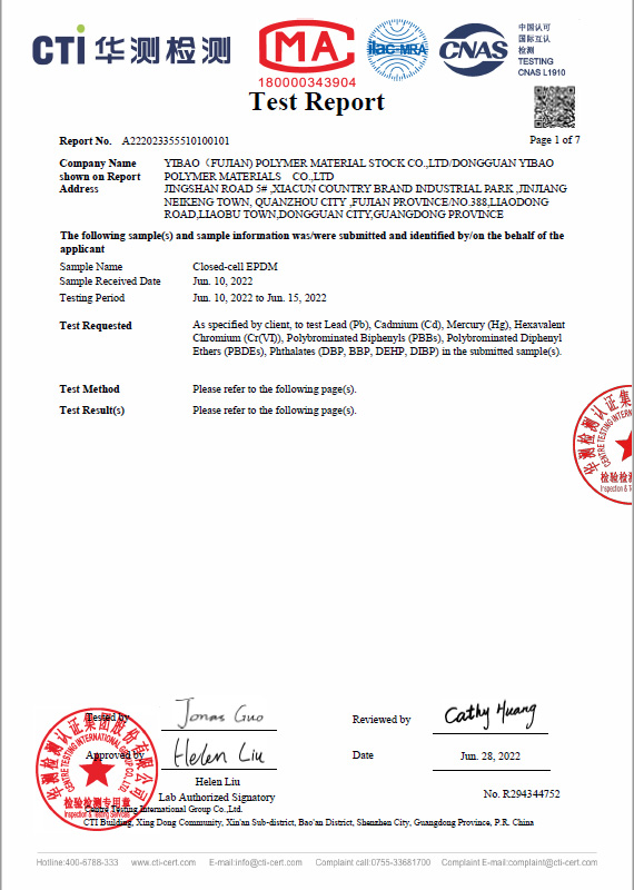 Closed Cell EPDM Foam Sponge CTI RoHS Test Report