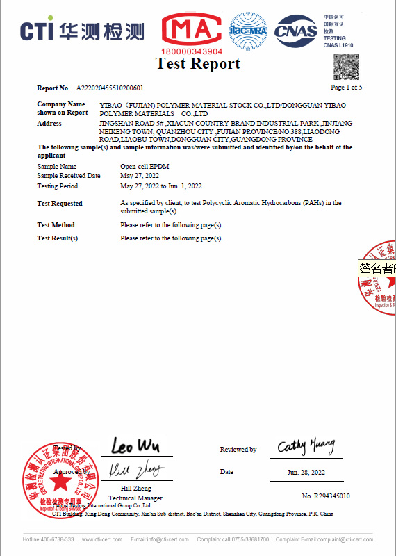 Open Cell EPDM Foam Sponge CTI REACH Test Report