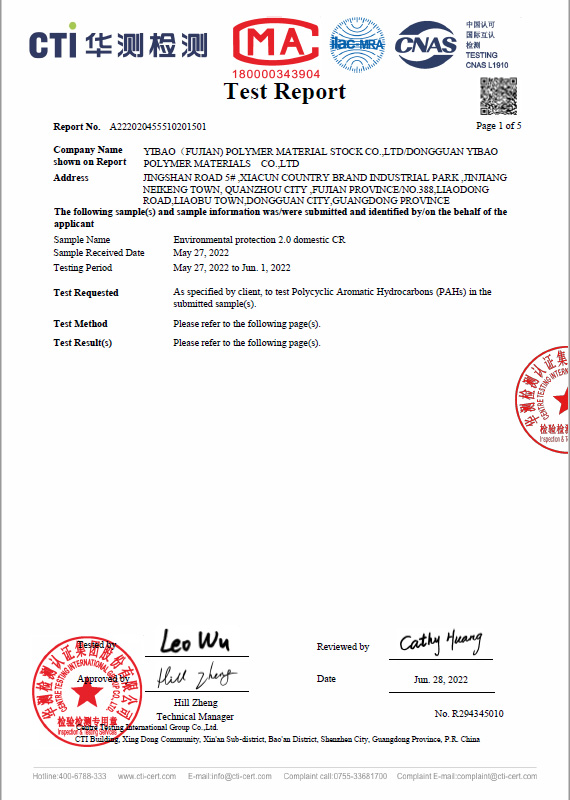 NBR & PVC Blend Foam Sponge CTI PAHs Test Report