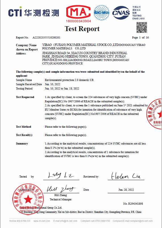 NBR & PVC Blend Foam Sponge CTI REACH Test Report